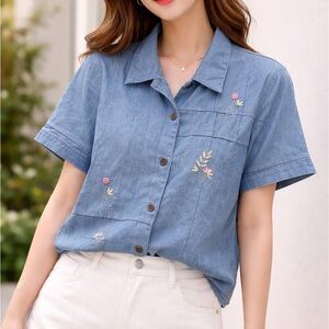 Blue Denim Shirt with Floral Embroidery